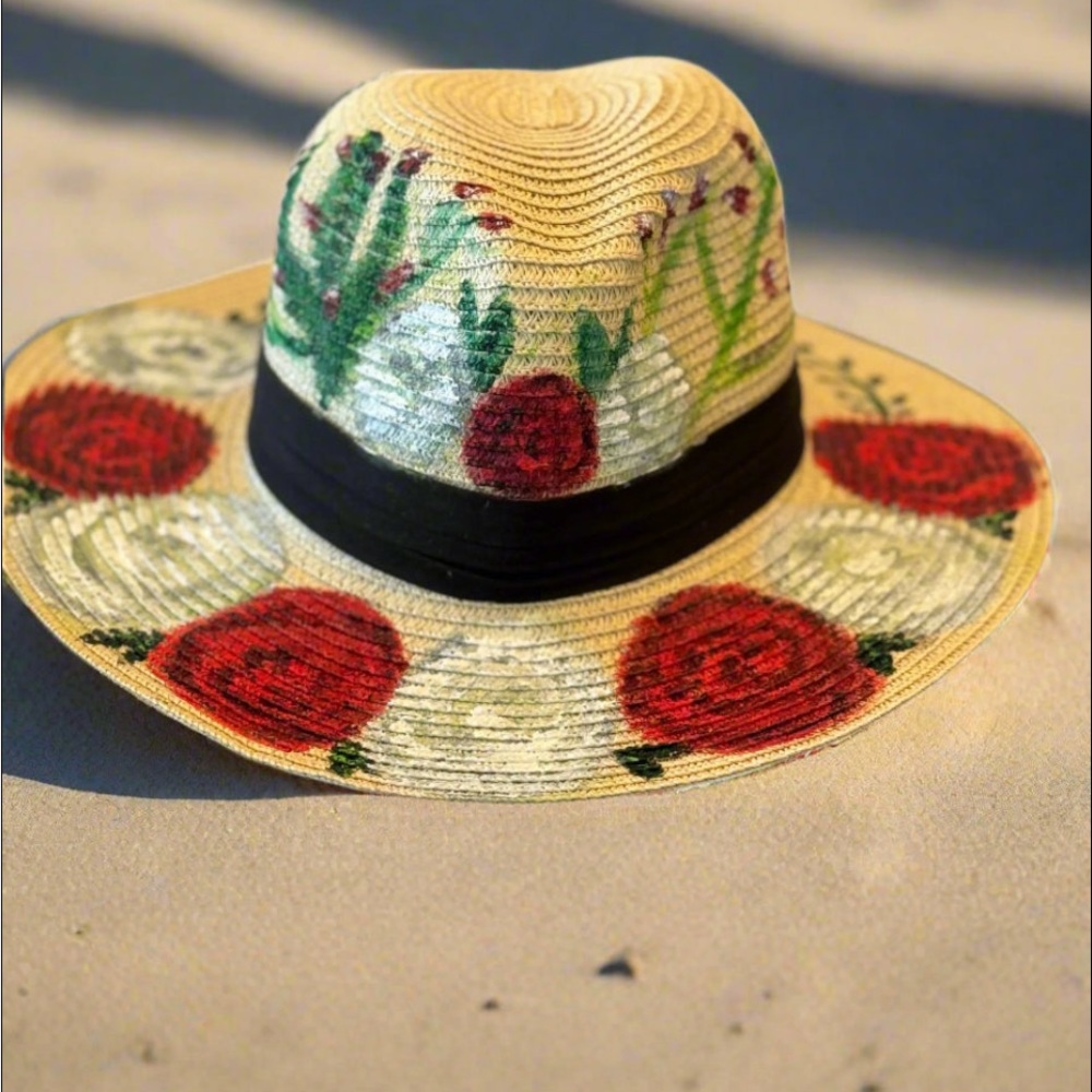 Floral Straw Sun Hat with Black Band
